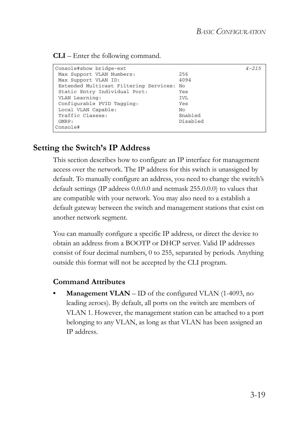 Setting the switch’s ip address, Setting the switch’s ip address -19, Command attributes | SMC Networks SMC Tiger 10/100 SMC6128L2 User Manual | Page 73 / 606