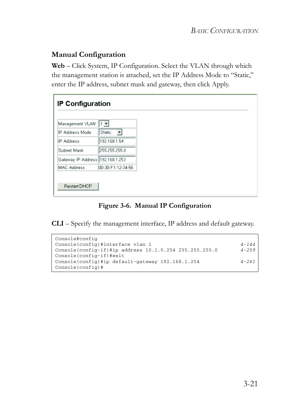 Manual configuration, Manual configuration -21, Figure 3-6 | Manual ip configuration -21 | SMC Networks SMC Tiger 10/100 SMC6128L2 User Manual | Page 75 / 606