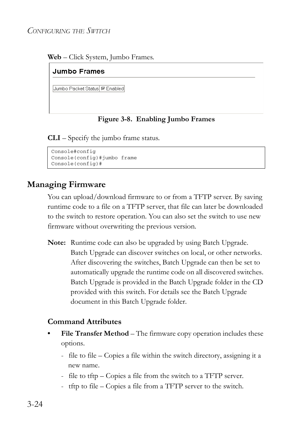 Managing firmware, Managing firmware -24, Figure 3-8 | Enabling jumbo frames -24 | SMC Networks SMC Tiger 10/100 SMC6128L2 User Manual | Page 78 / 606