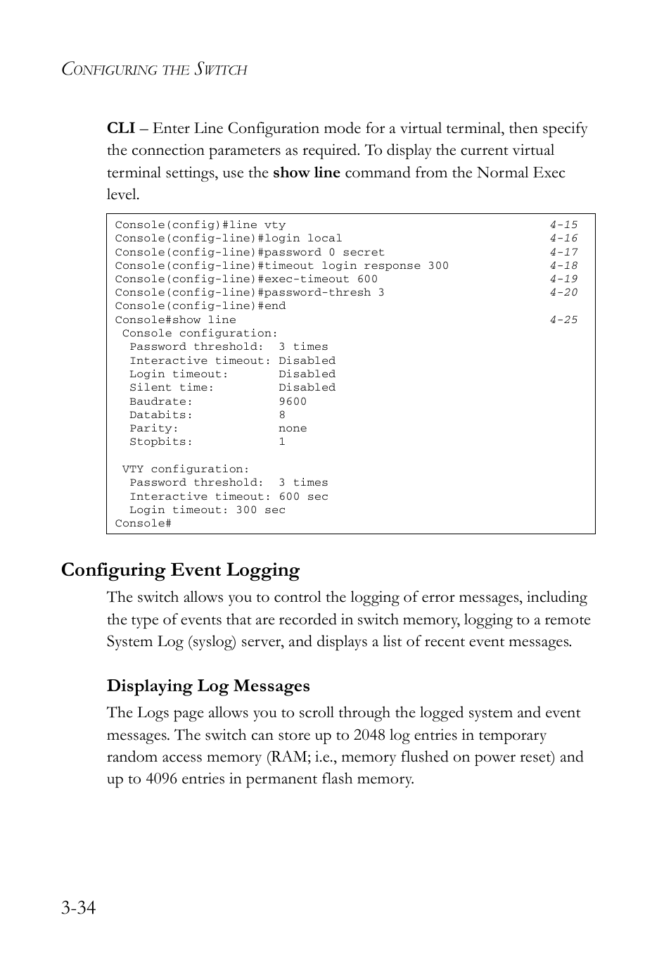 Configuring event logging, Displaying log messages, Configuring event logging -34 | Displaying log messages -34 | SMC Networks SMC Tiger 10/100 SMC6128L2 User Manual | Page 88 / 606