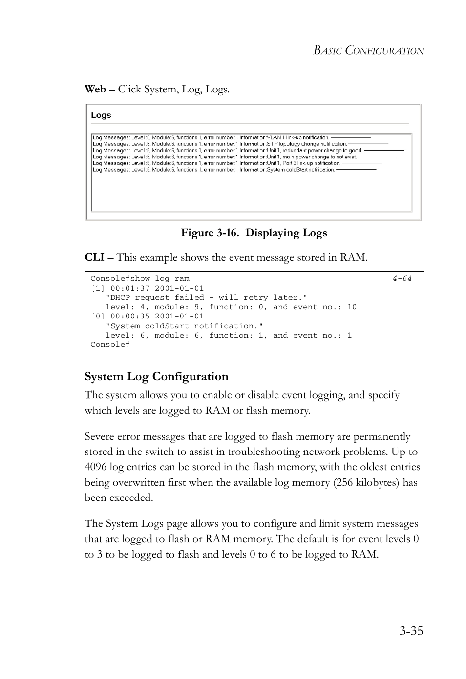 System log configuration, System log configuration -35, Figure 3-16. displaying logs -35 | SMC Networks SMC Tiger 10/100 SMC6128L2 User Manual | Page 89 / 606