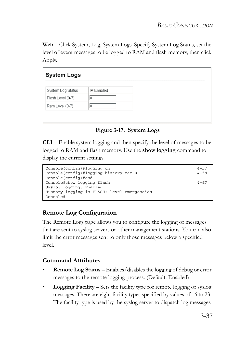 Remote log configuration, Remote log configuration -37, Figure 3-17. system logs -37 | Command attributes | SMC Networks SMC Tiger 10/100 SMC6128L2 User Manual | Page 91 / 606