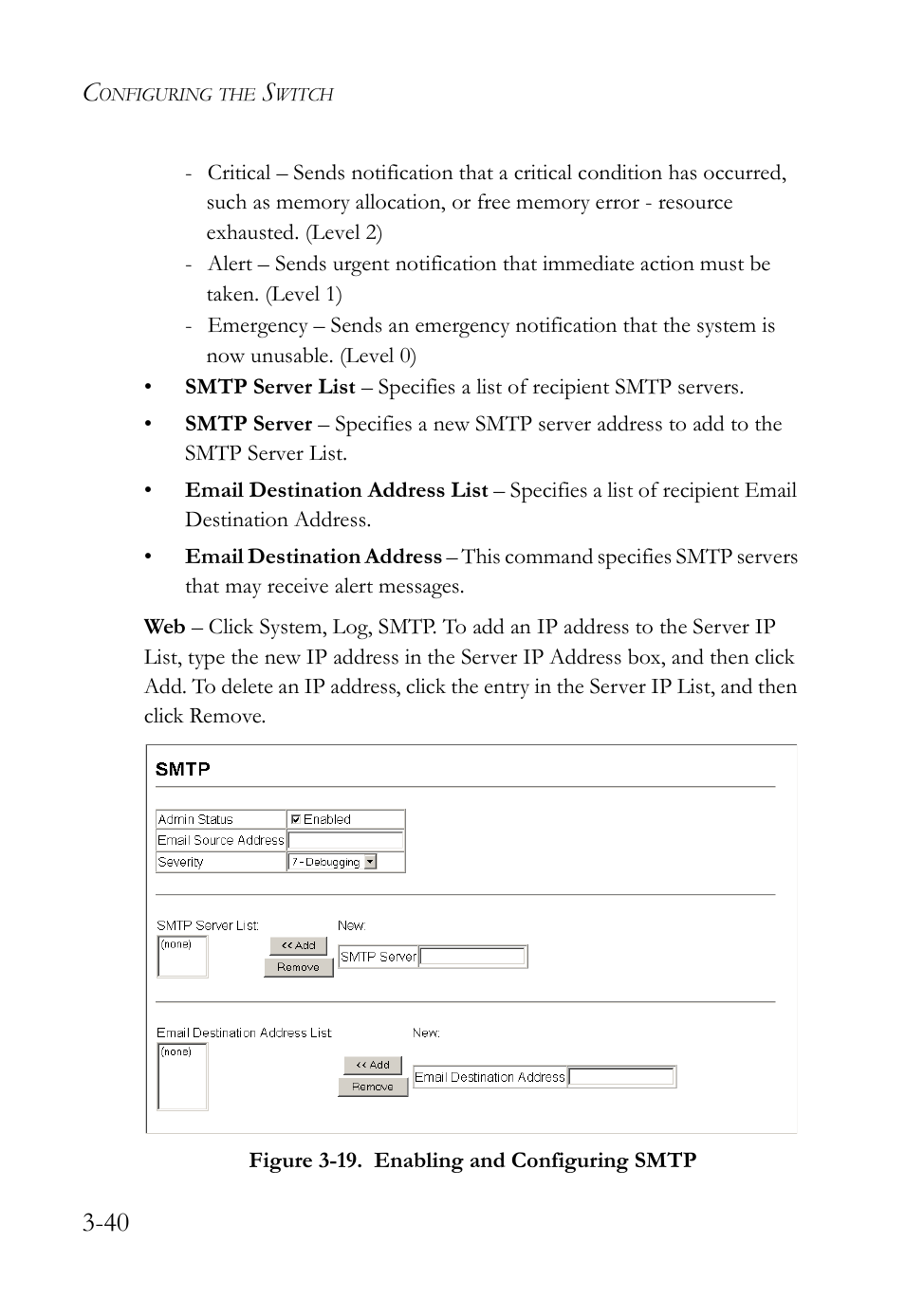 Figure 3-19. enabling and configuring smtp -40 | SMC Networks SMC Tiger 10/100 SMC6128L2 User Manual | Page 94 / 606