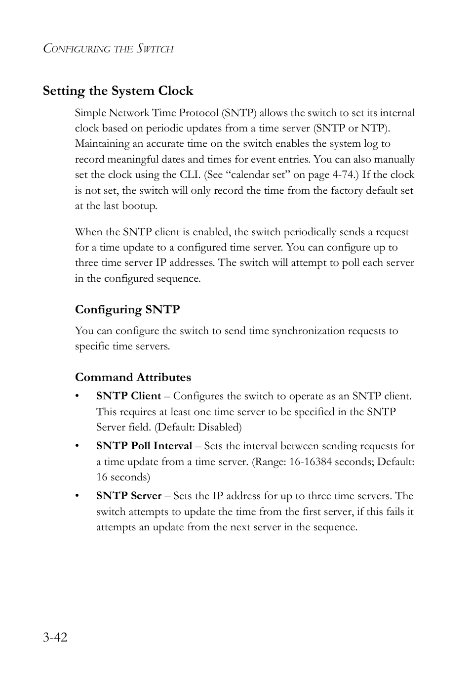 Setting the system clock, Configuring sntp, Setting the system clock -42 | Configuring sntp -42, 42 setting the system clock | SMC Networks SMC Tiger 10/100 SMC6128L2 User Manual | Page 96 / 606