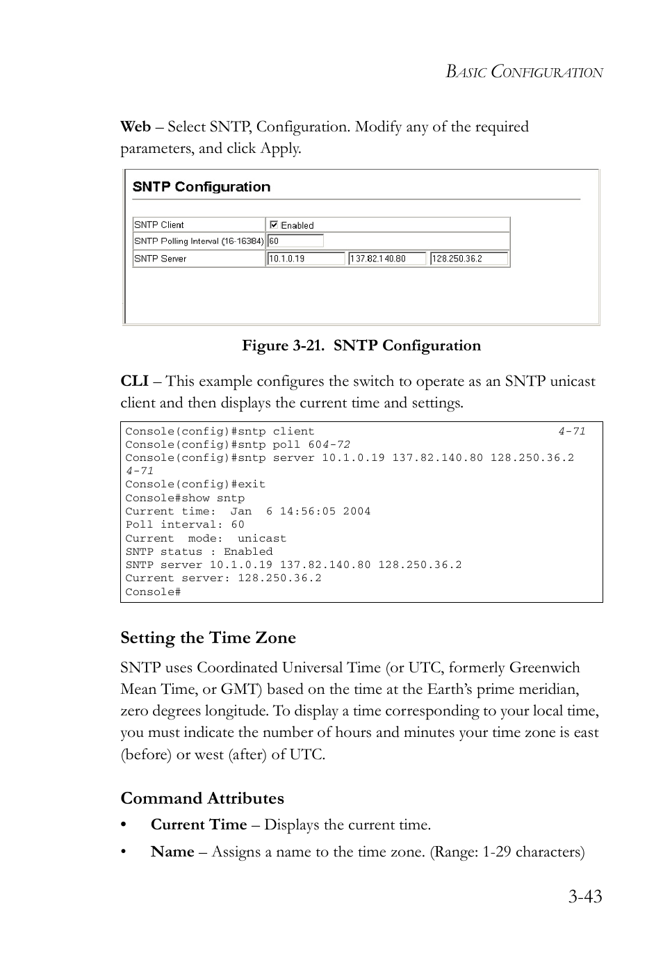 Setting the time zone, Setting the time zone -43, Figure 3-21. sntp configuration -43 | SMC Networks SMC Tiger 10/100 SMC6128L2 User Manual | Page 97 / 606