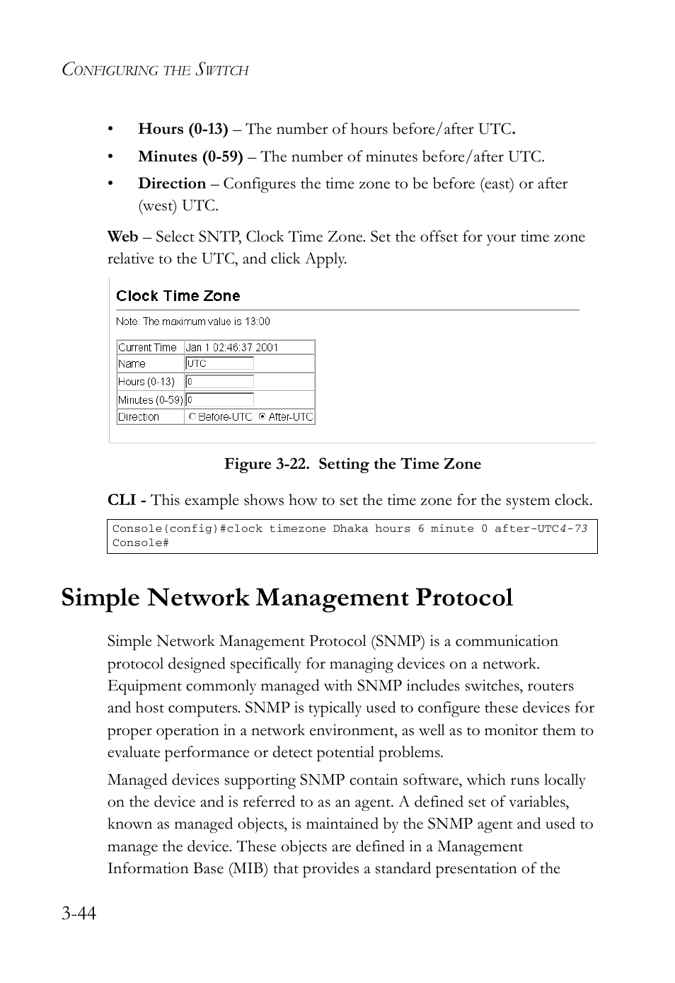 Simple network management protocol, Simple network management protocol -44, Figure 3-22. setting the time zone -44 | SMC Networks SMC Tiger 10/100 SMC6128L2 User Manual | Page 98 / 606