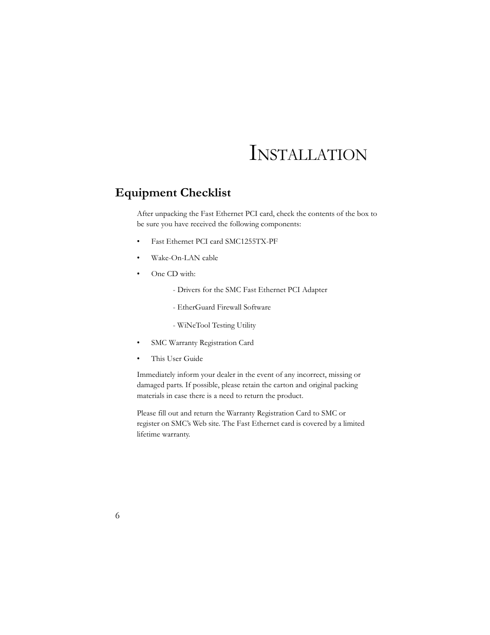 Installation, Equipment checklist, Nstallation | SMC Networks 10/100 Mbps User Manual | Page 16 / 54