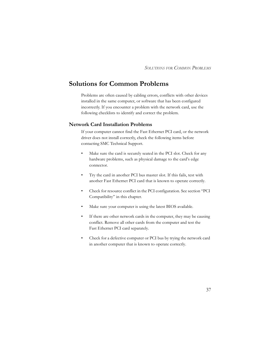 Solutions for common problems, Network card installation problems | SMC Networks 10/100 Mbps User Manual | Page 47 / 54