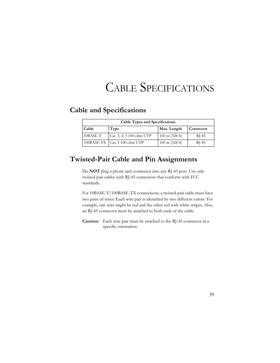 Cable specifications, Cable and specifications, Twisted-pair cable and pin assignments | Able, Pecifications | SMC Networks 10/100 Mbps User Manual | Page 49 / 54