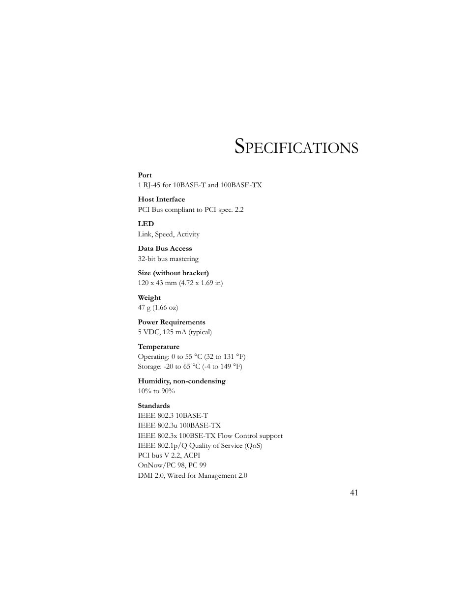 Specifications, Pecifications | SMC Networks 10/100 Mbps User Manual | Page 51 / 54