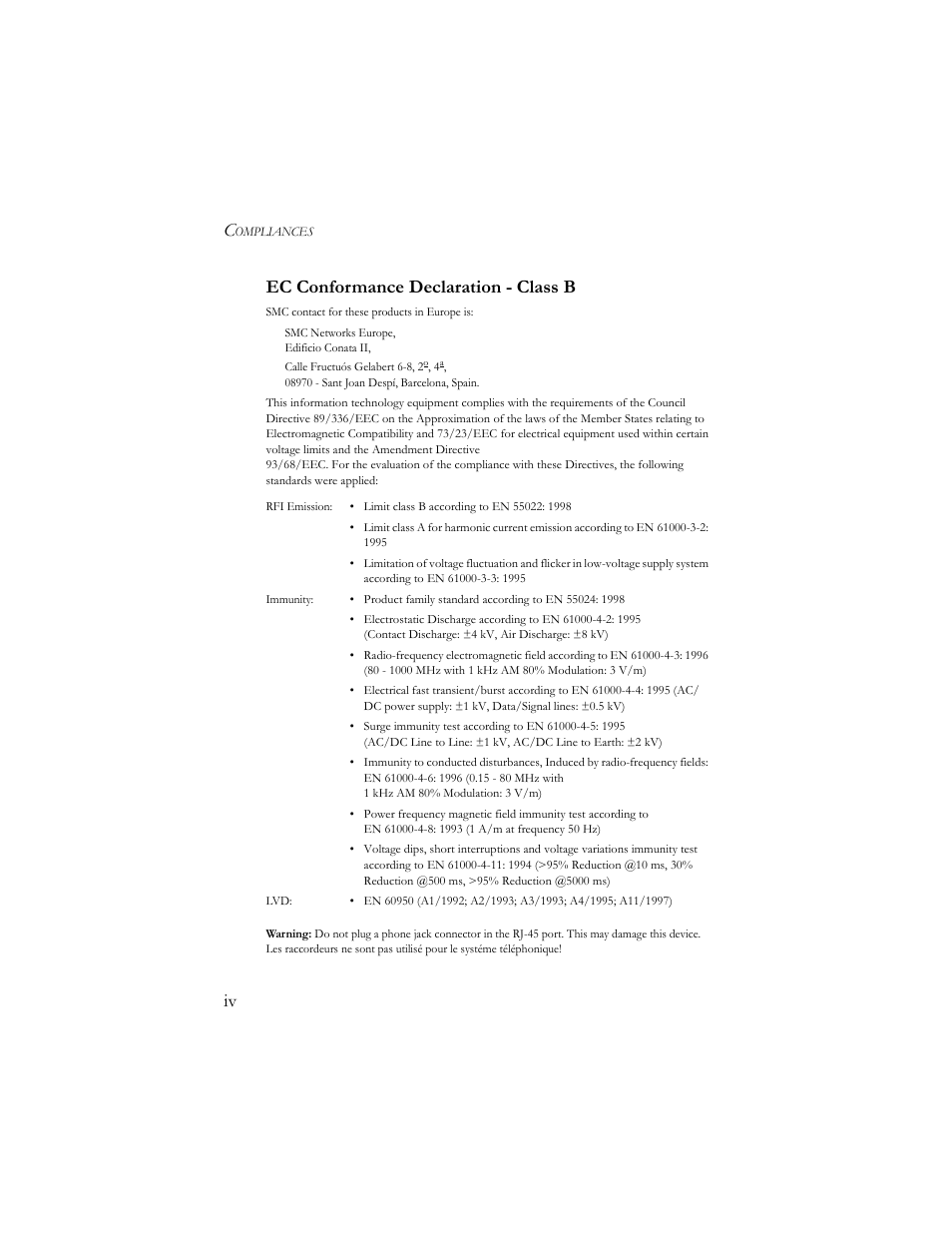Iv ec conformance declaration - class b | SMC Networks 10/100 Mbps User Manual | Page 8 / 54