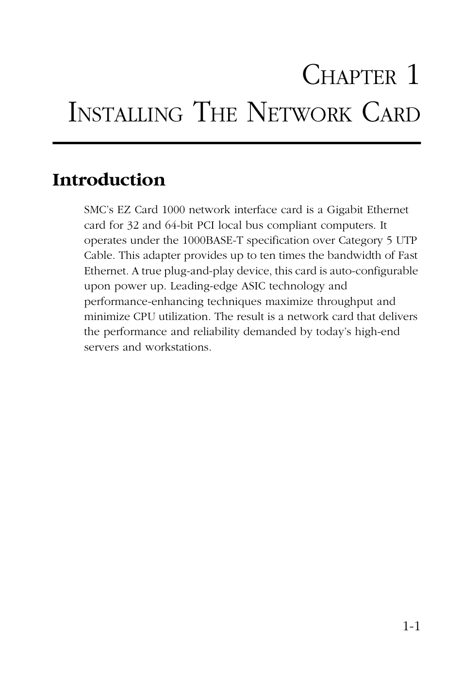 Chapter 1 installing the network card, Introduction, Installing the network card -1 | Introduction -1 | SMC Networks SMC9462TX User Manual | Page 11 / 62