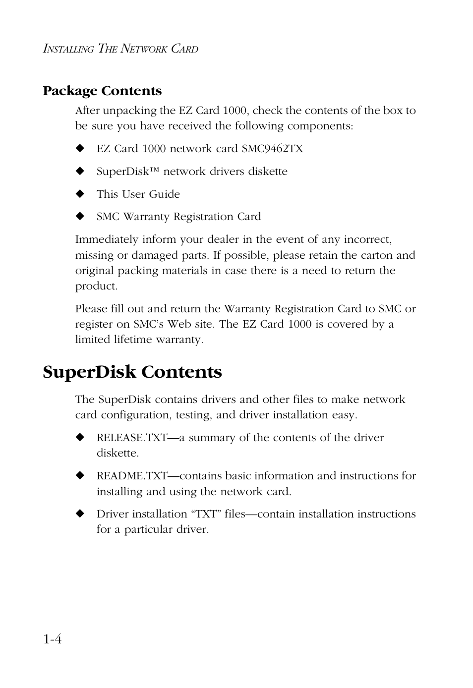Package contents, Superdisk contents, Package contents -4 | Superdisk contents -4, 4 package contents | SMC Networks SMC9462TX User Manual | Page 14 / 62