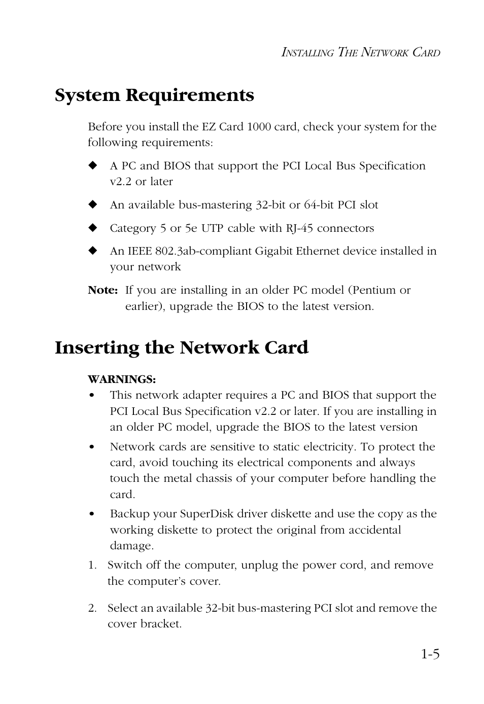 System requirements, Inserting the network card | SMC Networks SMC9462TX User Manual | Page 15 / 62