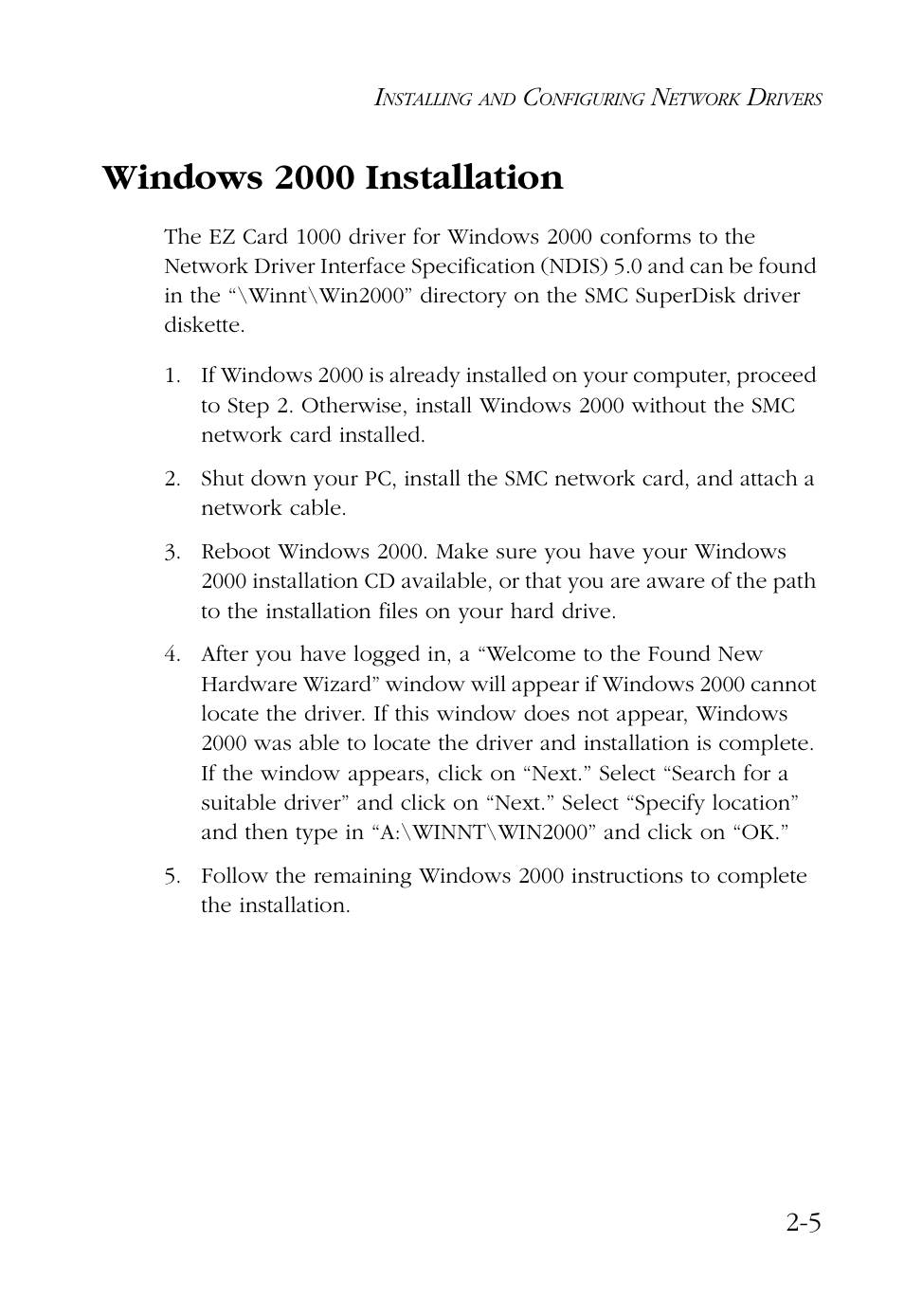 Windows 2000 installation, Windows 2000 installation -5 | SMC Networks SMC9462TX User Manual | Page 25 / 62