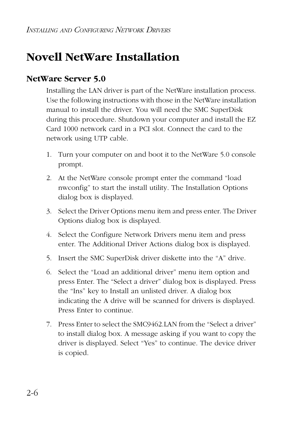 Novell netware installation, Netware server 5.0, Novell netware installation -6 | Netware server 5.0 -6 | SMC Networks SMC9462TX User Manual | Page 26 / 62