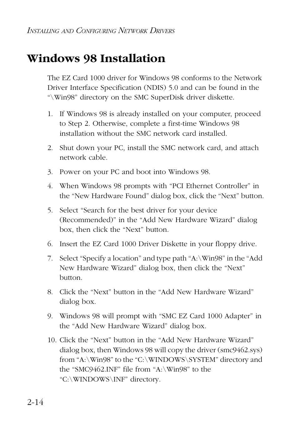 Windows 98 installation, Windows 98 installation -14 | SMC Networks SMC9462TX User Manual | Page 34 / 62