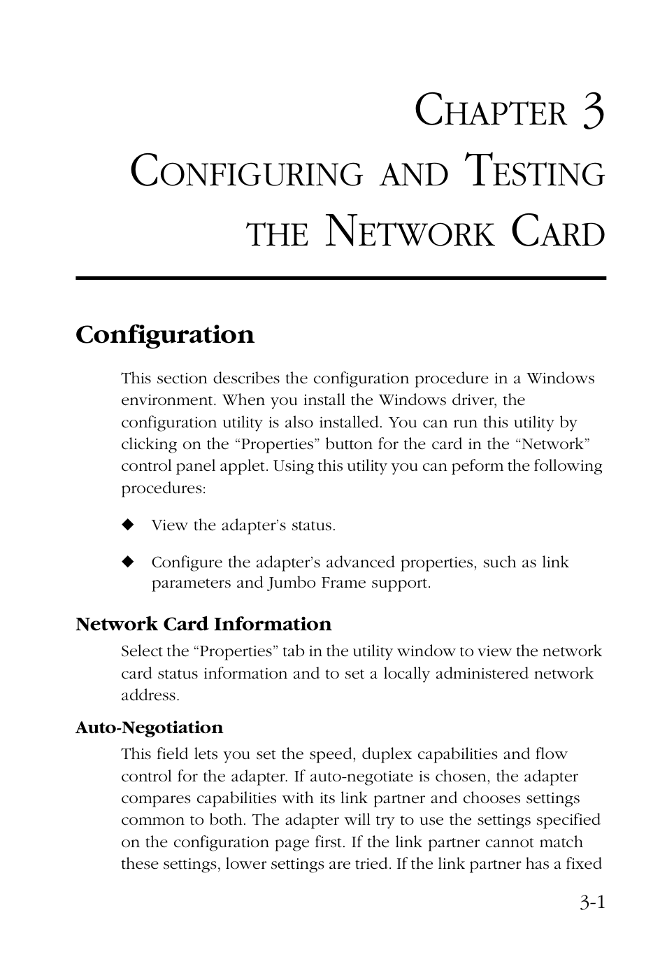 Chapter 3 configuring and testing the network card, Configuration, Network card information | Auto-negotiation, Configuring and testing the network card -1, Configuration -1, Network card information -1, Auto-negotiation -1, Hapter, Onfiguring | SMC Networks SMC9462TX User Manual | Page 37 / 62