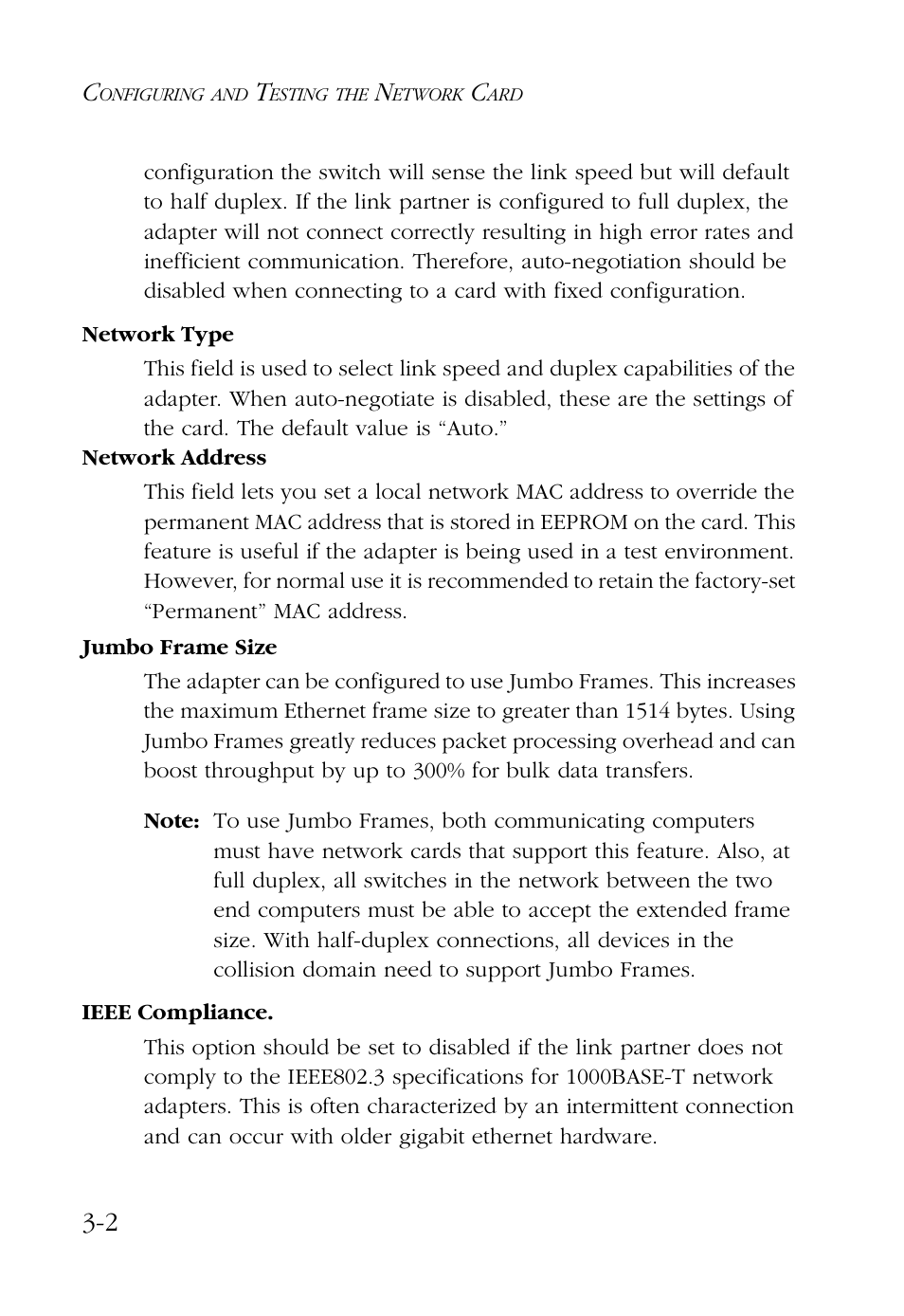 Network type, Network address, Jumbo frame size | Ieee compliance | SMC Networks SMC9462TX User Manual | Page 38 / 62