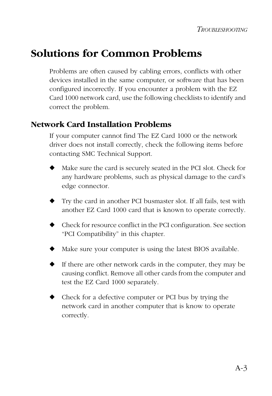 Solutions for common problems, Network card installation problems | SMC Networks SMC9462TX User Manual | Page 43 / 62