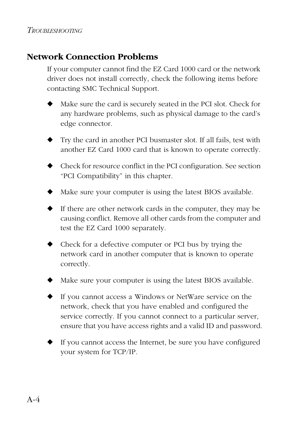 Network connection problems, A-4 network connection problems | SMC Networks SMC9462TX User Manual | Page 44 / 62