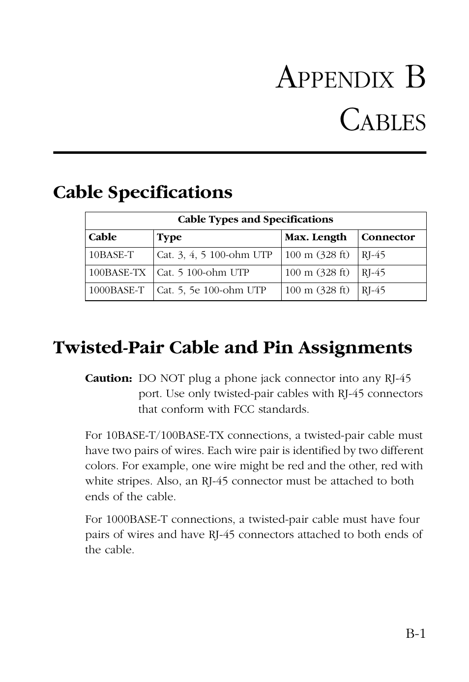 Appendix b cables, Cable specifications, Twisted-pair cable and pin assignments | Ppendix, Ables | SMC Networks SMC9462TX User Manual | Page 45 / 62