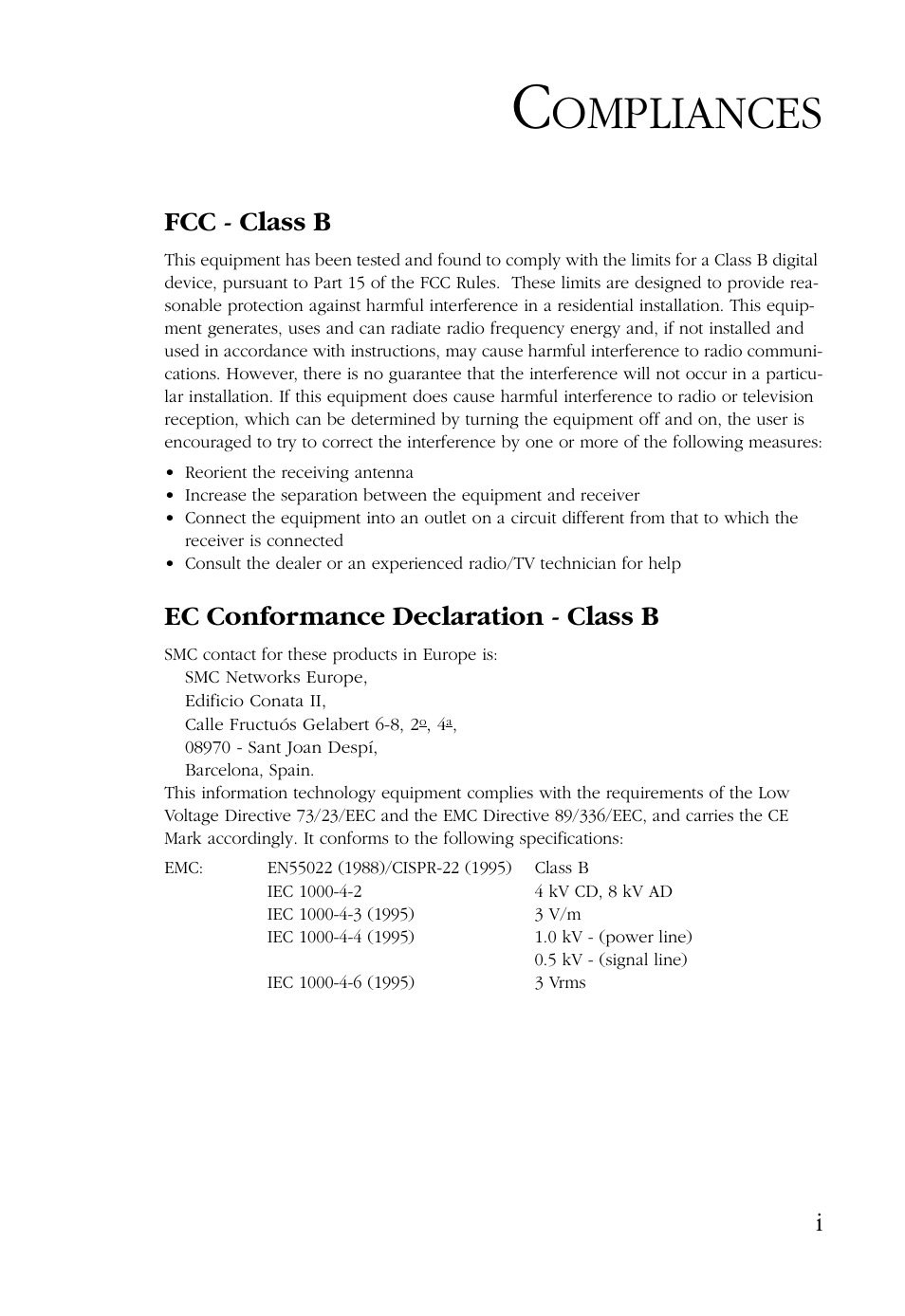 Ompliances, Fcc - class b, Ec conformance declaration - class b | SMC Networks SMC9462TX User Manual | Page 7 / 62