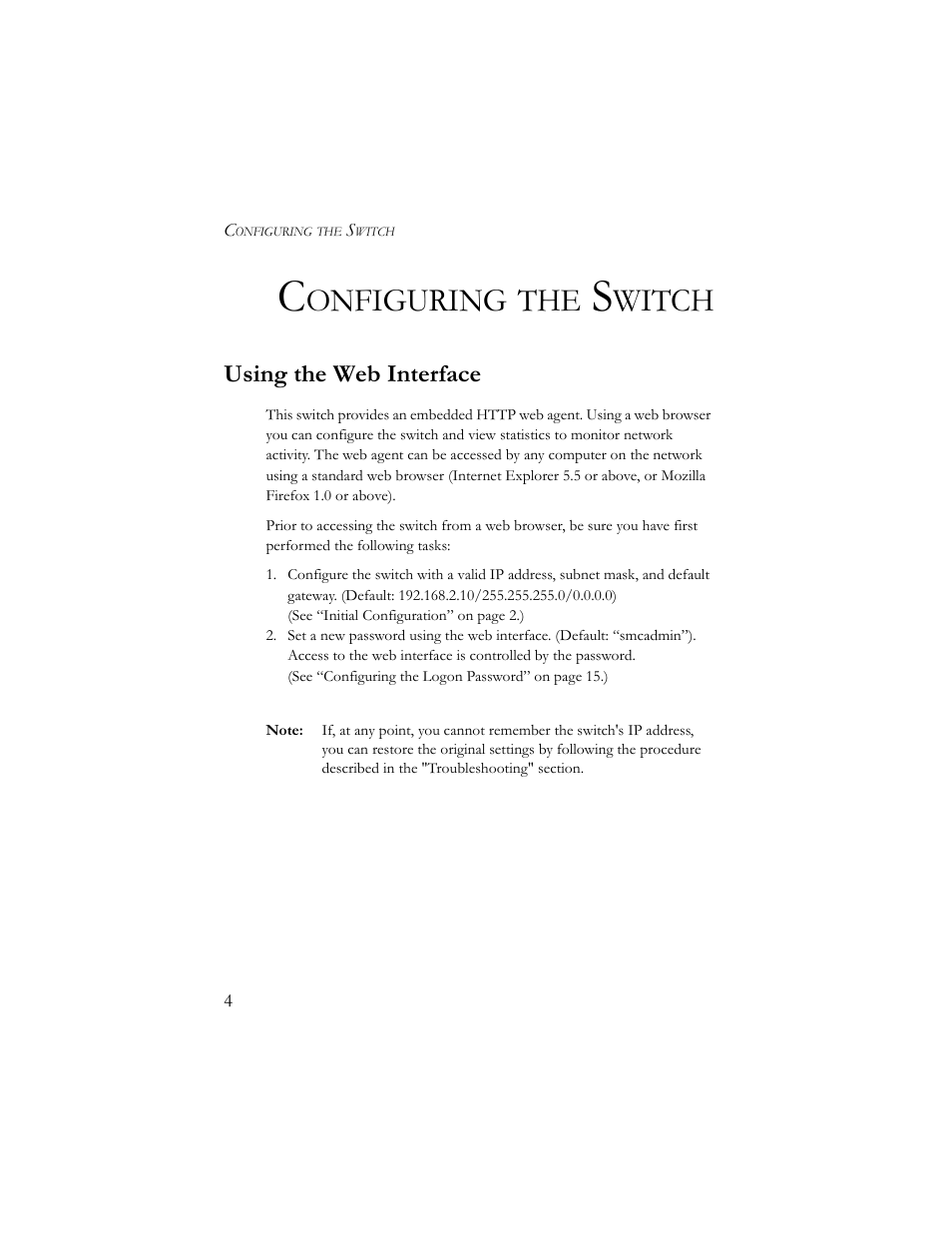 Configuring the switch, Using the web interface, Onfiguring | Witch | SMC Networks SMCGS24-Smart User Manual | Page 20 / 56