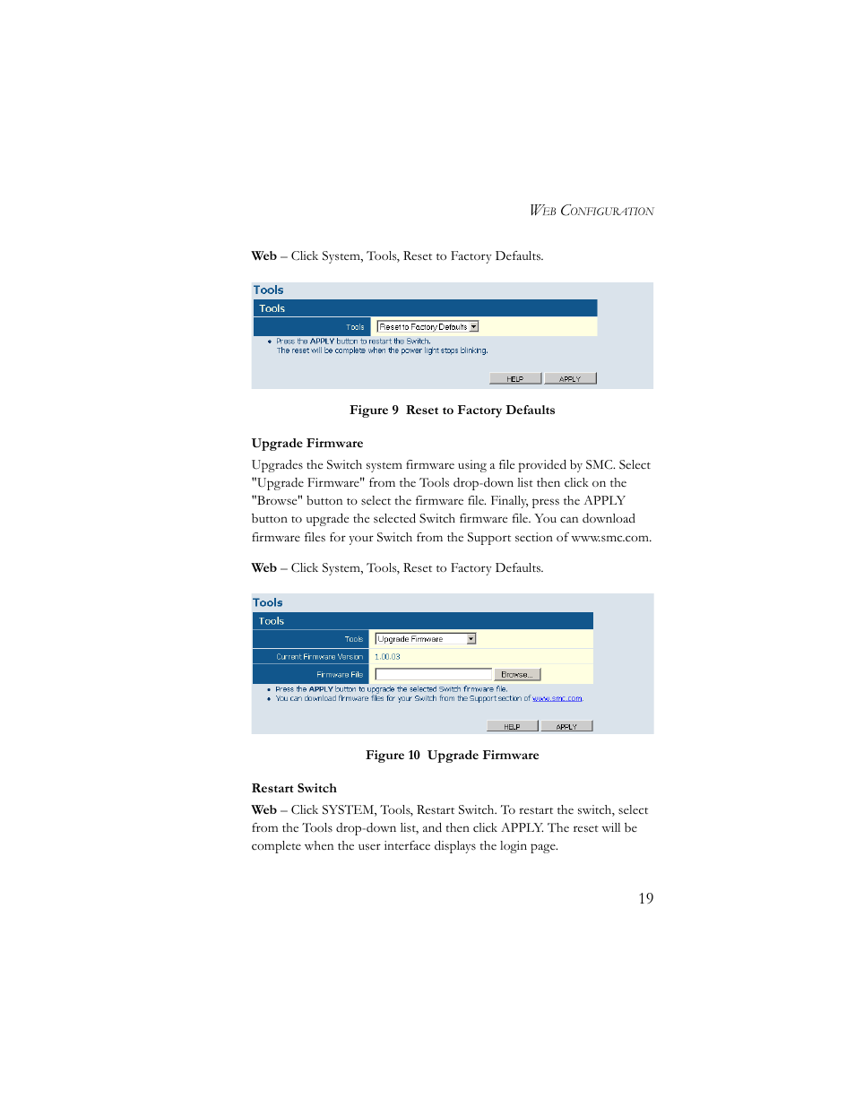 Upgrade firmware, Restart switch | SMC Networks SMCGS24-Smart User Manual | Page 35 / 56