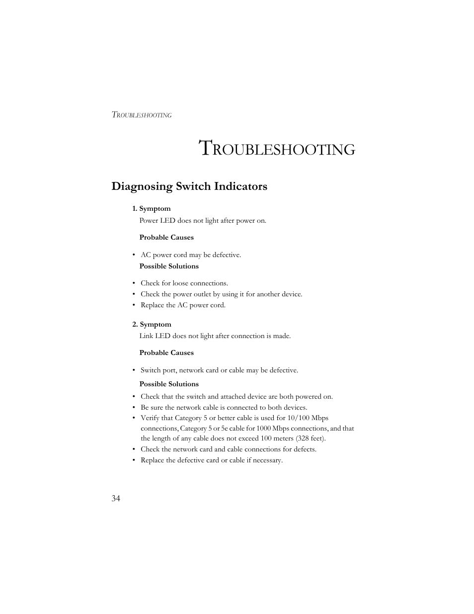 Troubleshooting, Diagnosing switch indicators, Symptom | Roubleshooting | SMC Networks SMCGS24-Smart User Manual | Page 50 / 56
