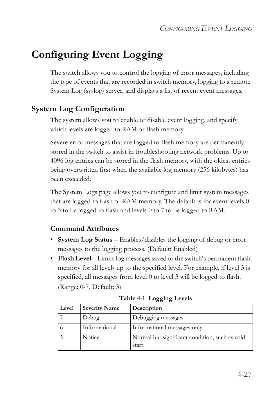 Configuring event logging, System log configuration, Configuring event logging -27 | System log configuration -27, Table 4-1, Logging levels -27 | SMC Networks SMC TigerAccess SMC7824M/FSW User Manual | Page 101 / 748