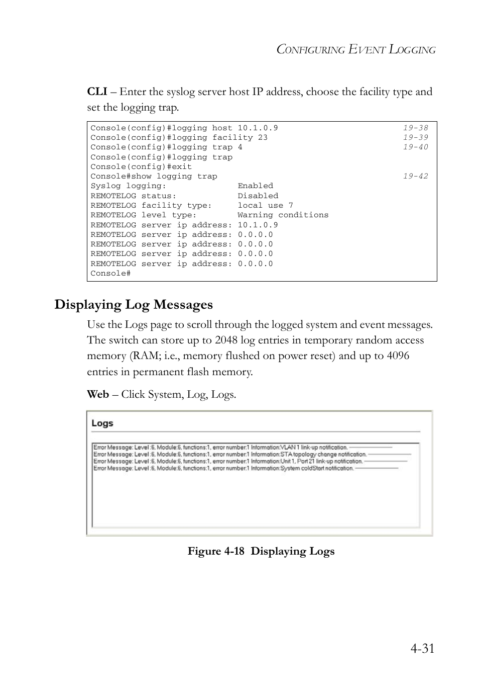 Displaying log messages, Displaying log messages -31, Figure 4-18 displaying logs -31 | SMC Networks SMC TigerAccess SMC7824M/FSW User Manual | Page 105 / 748