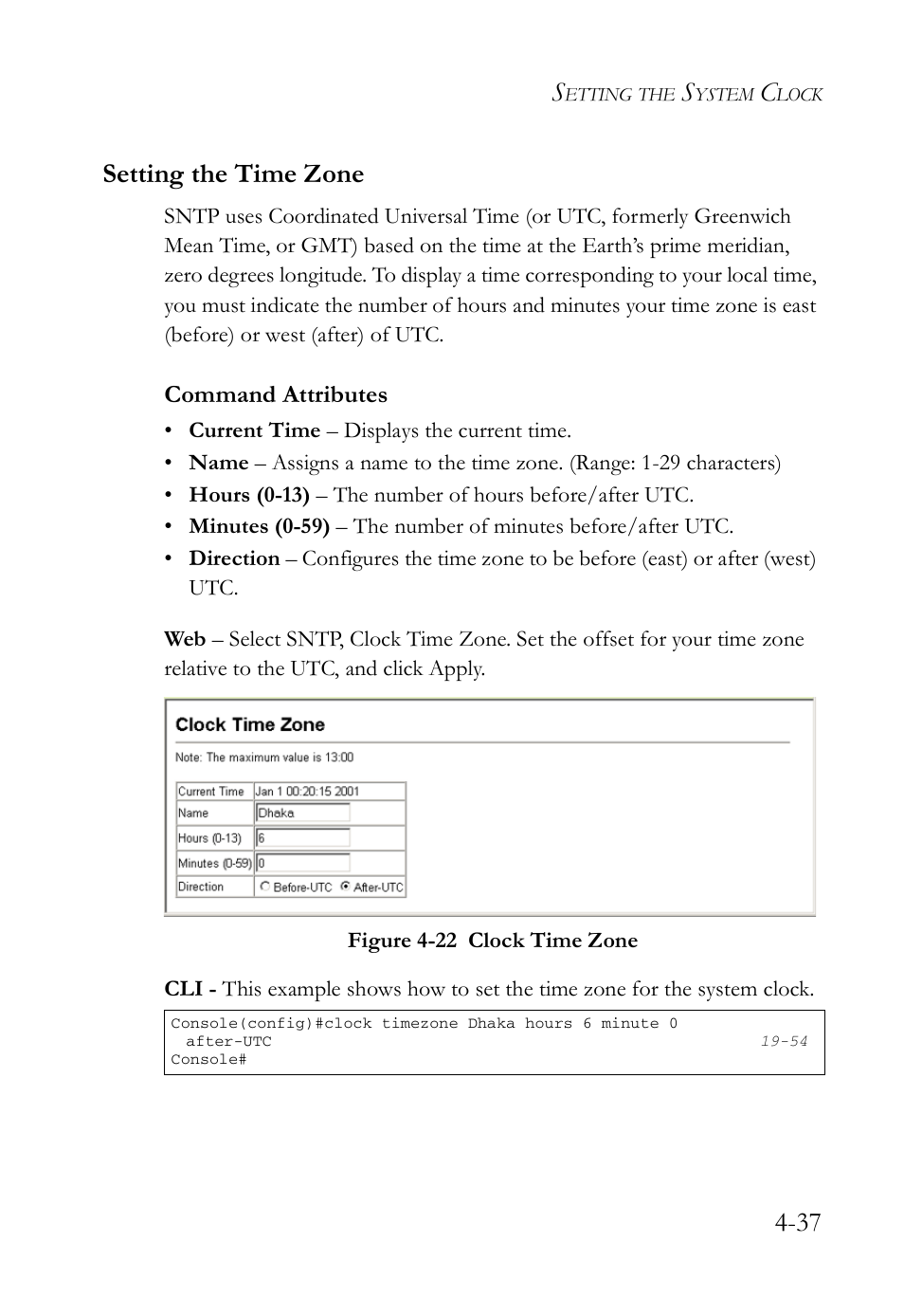 Setting the time zone, Setting the time zone -37, Figure 4-22 clock time zone -37 | 37 setting the time zone | SMC Networks SMC TigerAccess SMC7824M/FSW User Manual | Page 111 / 748