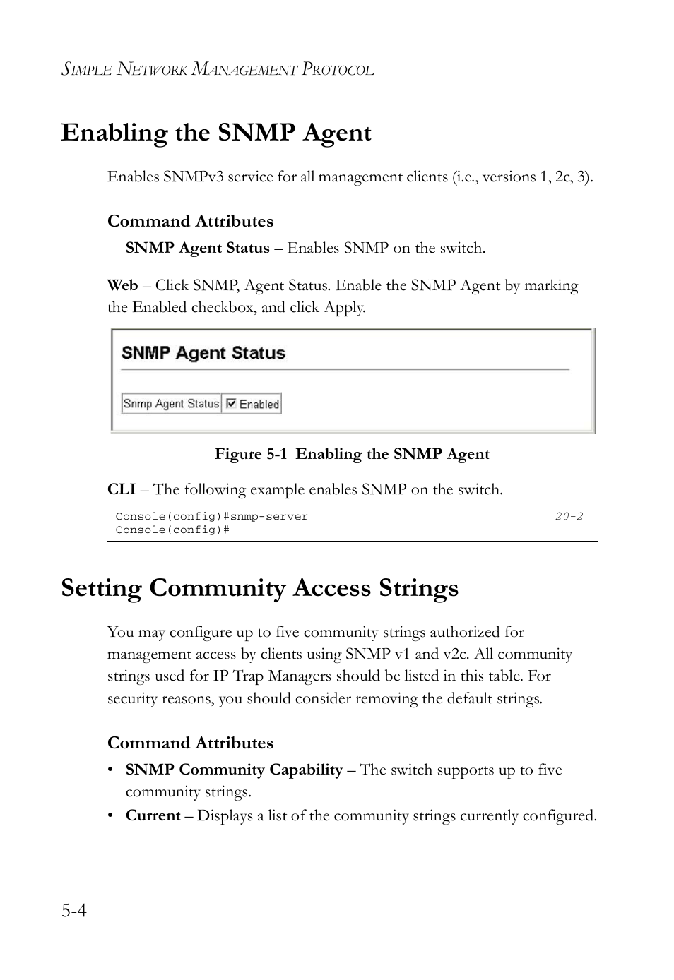 Enabling the snmp agent, Setting community access strings, Figure 5-1 | Enabling the snmp agent -4 | SMC Networks SMC TigerAccess SMC7824M/FSW User Manual | Page 116 / 748