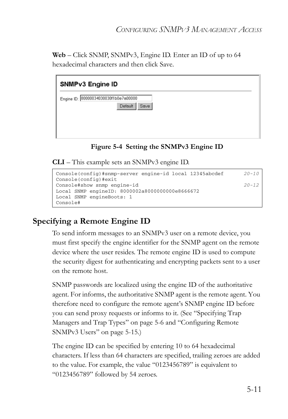 Specifying a remote engine id, Specifying a remote engine id -11, Figure 5-4 | Setting the snmpv3 engine id -11, Snmp | SMC Networks SMC TigerAccess SMC7824M/FSW User Manual | Page 123 / 748