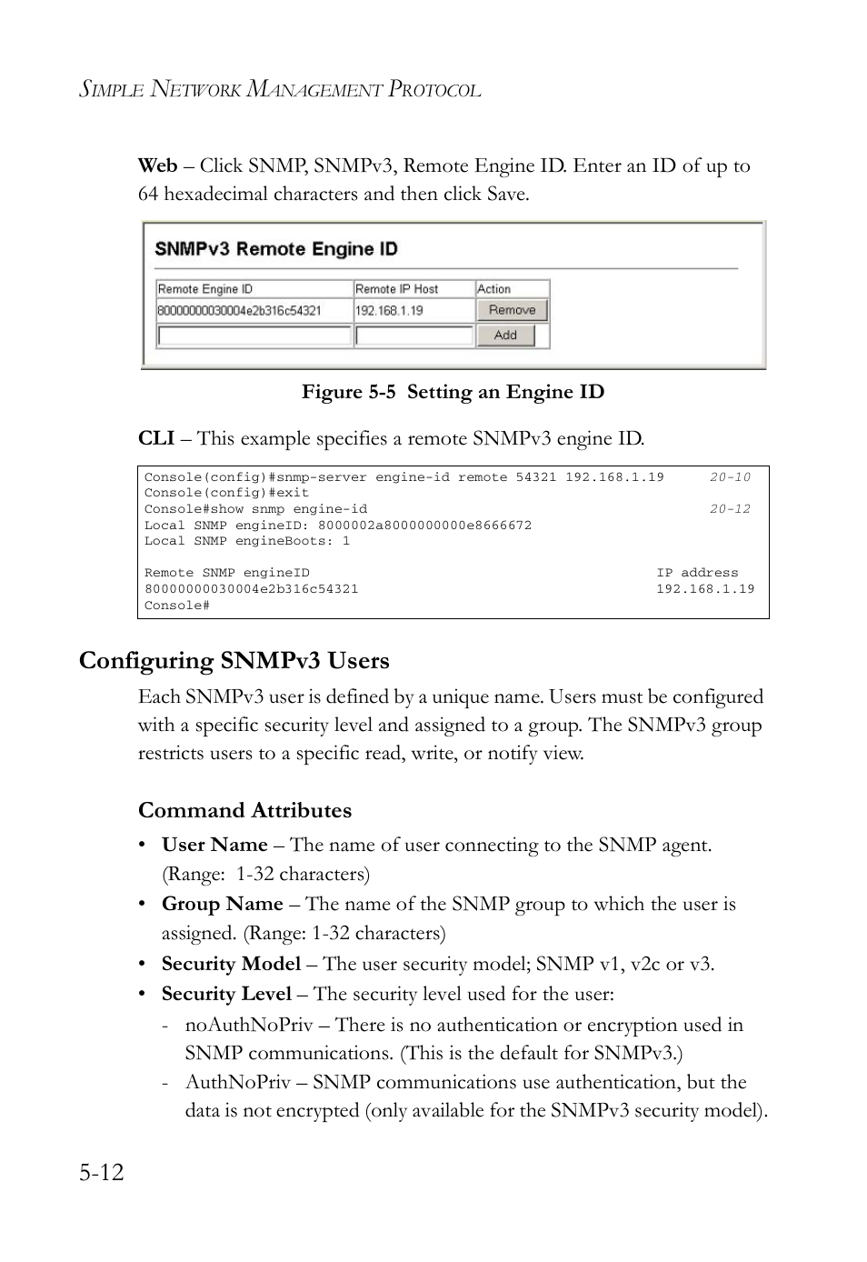 Configuring snmpv3 users, Configuring snmpv3 users -12, Figure 5-5 | Setting an engine id -12, Command attributes | SMC Networks SMC TigerAccess SMC7824M/FSW User Manual | Page 124 / 748