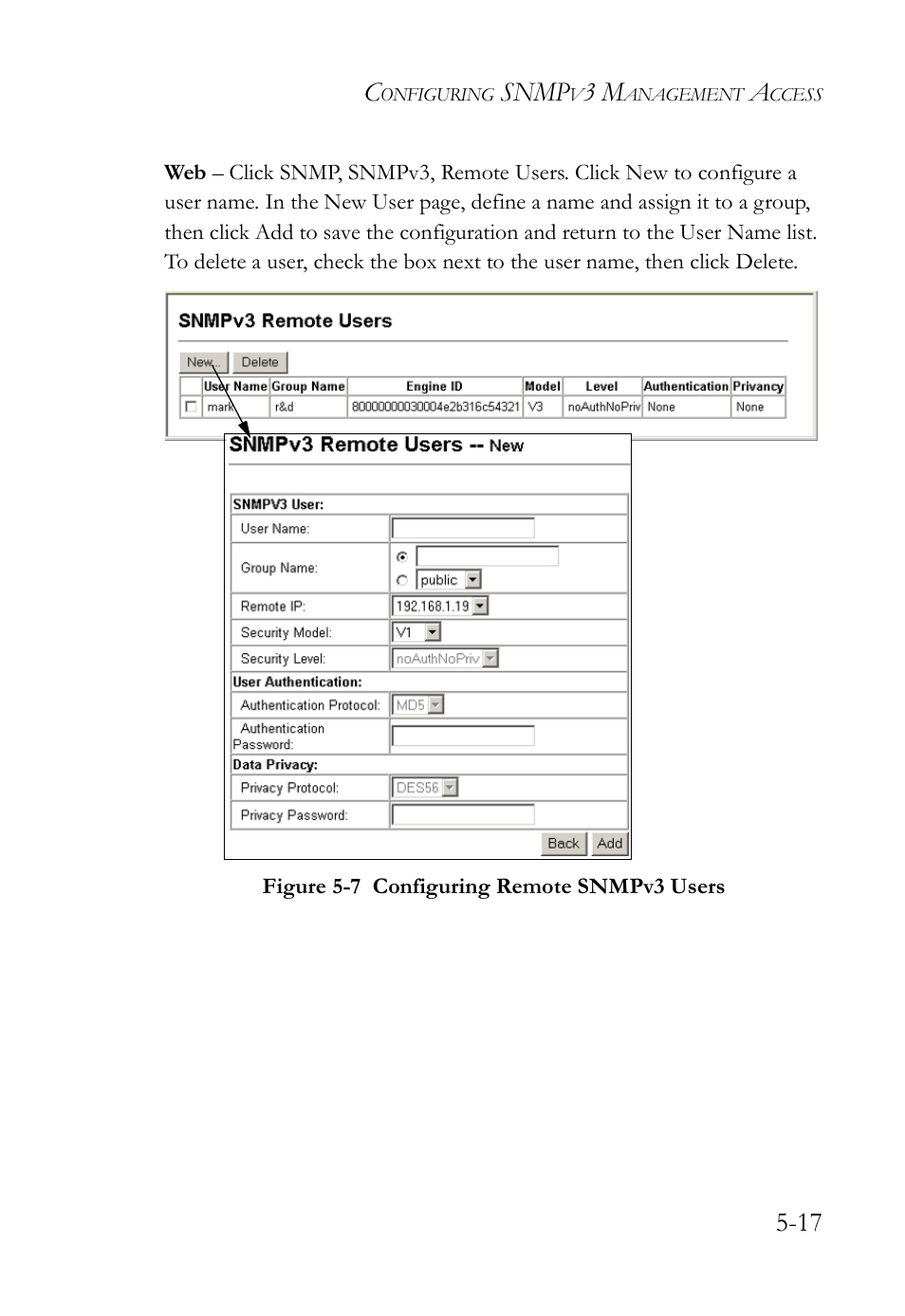 Figure 5-7, Configuring remote snmpv3 users -17, Snmp | SMC Networks SMC TigerAccess SMC7824M/FSW User Manual | Page 129 / 748