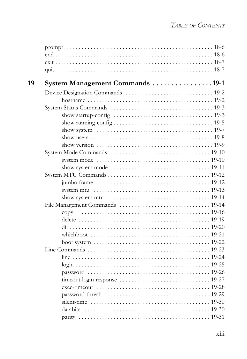 Xiii, 19 system management commands -1 | SMC Networks SMC TigerAccess SMC7824M/FSW User Manual | Page 13 / 748