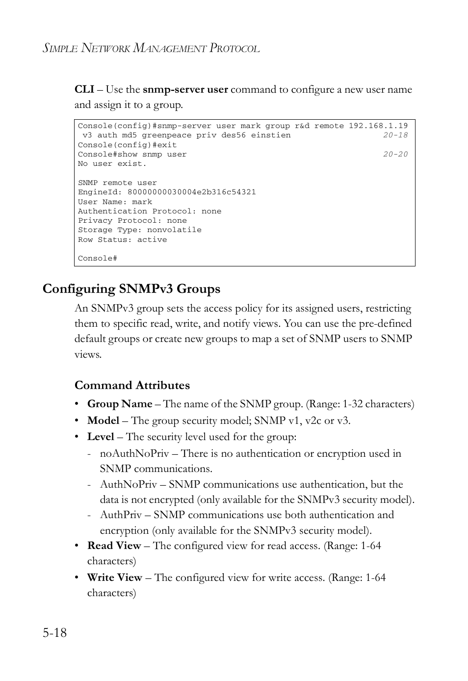 Configuring snmpv3 groups, Configuring snmpv3 groups -18, Command attributes | SMC Networks SMC TigerAccess SMC7824M/FSW User Manual | Page 130 / 748