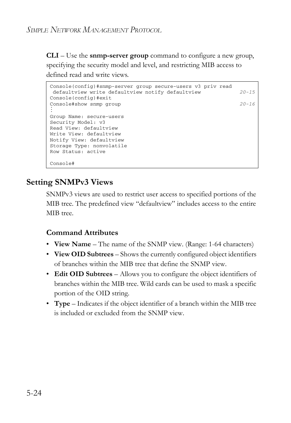 Setting snmpv3 views, Setting snmpv3 views -24, Command attributes | SMC Networks SMC TigerAccess SMC7824M/FSW User Manual | Page 136 / 748