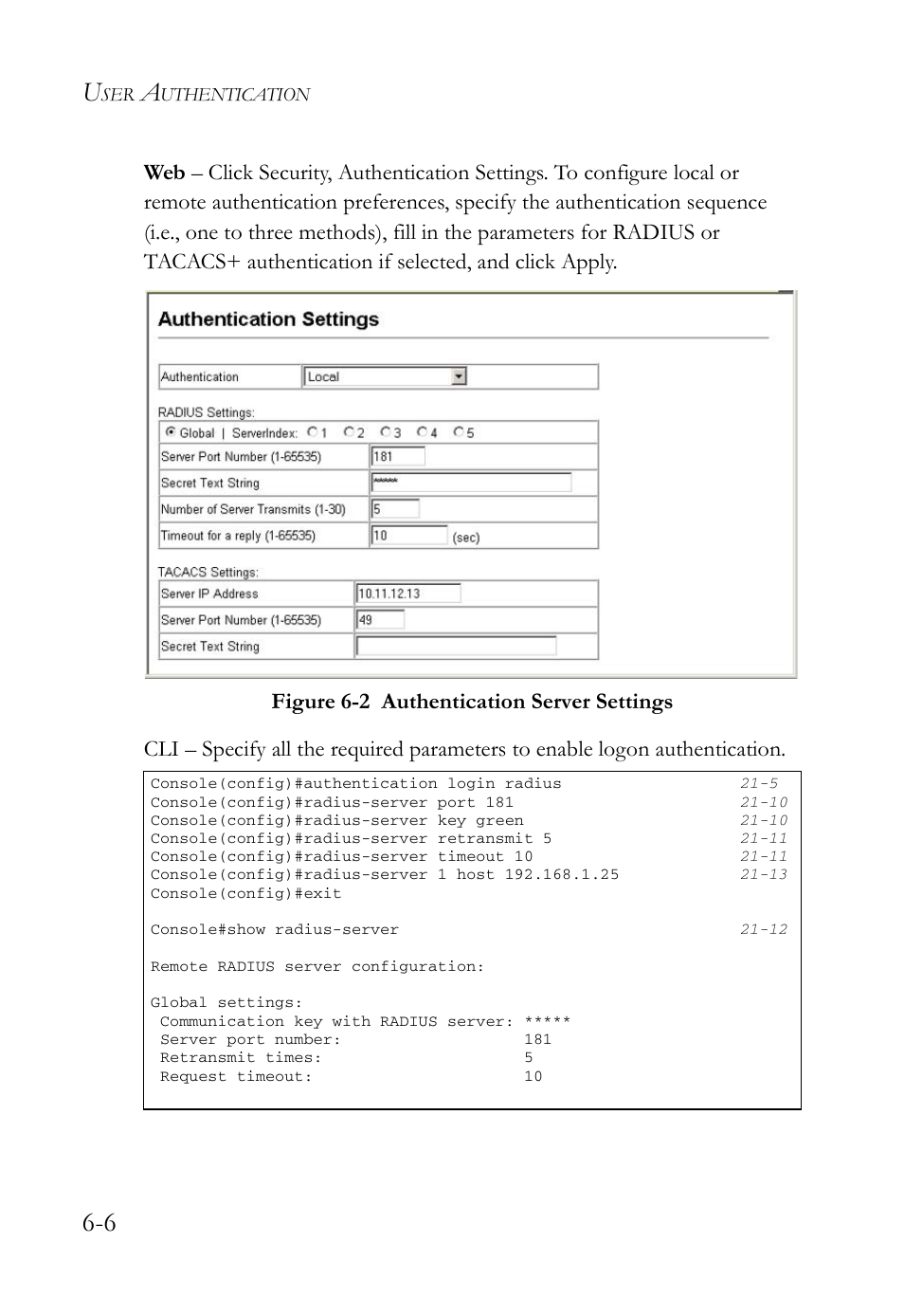 Figure 6-2, Authentication server settings -6 | SMC Networks SMC TigerAccess SMC7824M/FSW User Manual | Page 144 / 748