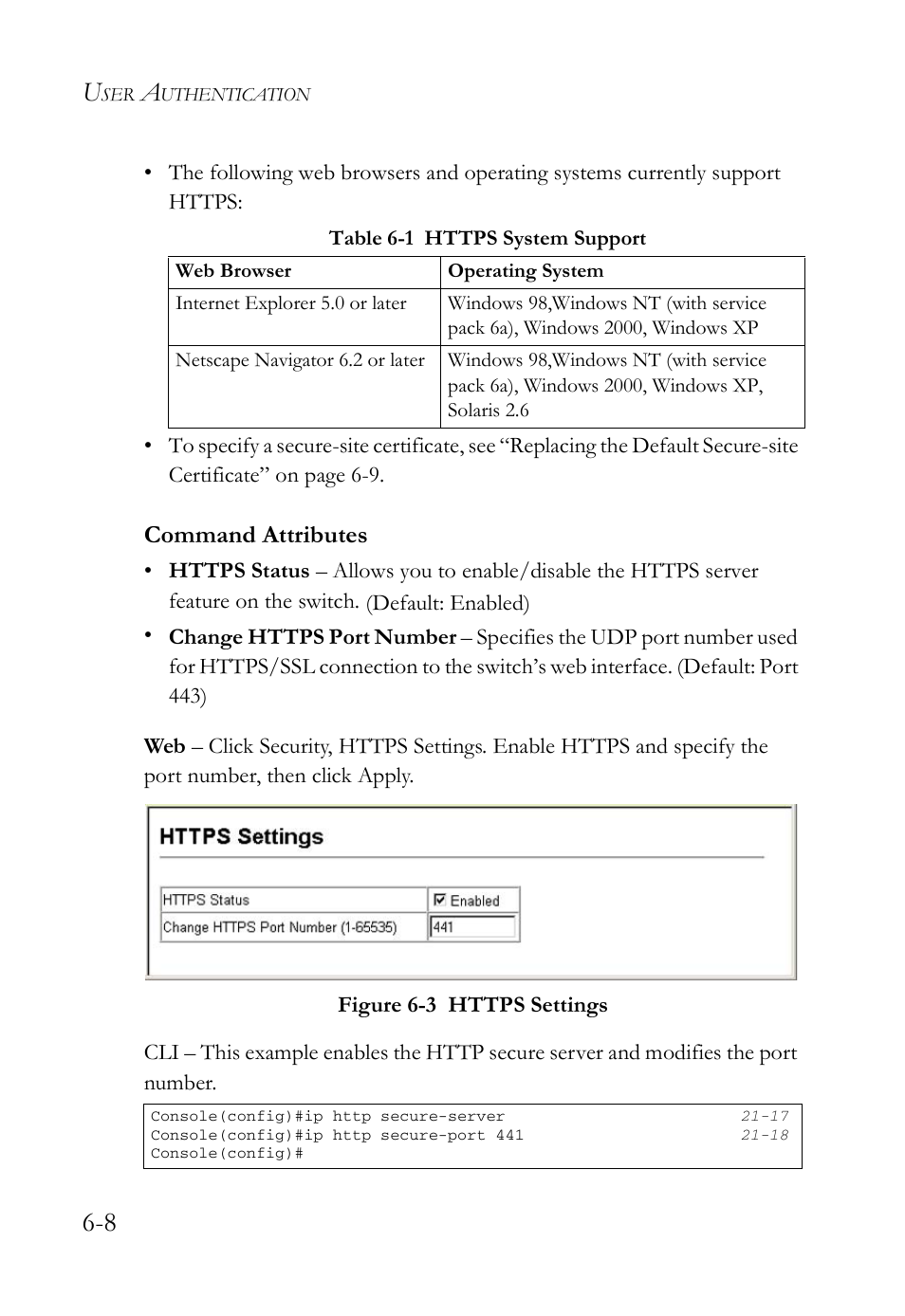 Table 6-1, Https system support -8, Figure 6-3 | Https settings -8, Command attributes | SMC Networks SMC TigerAccess SMC7824M/FSW User Manual | Page 146 / 748