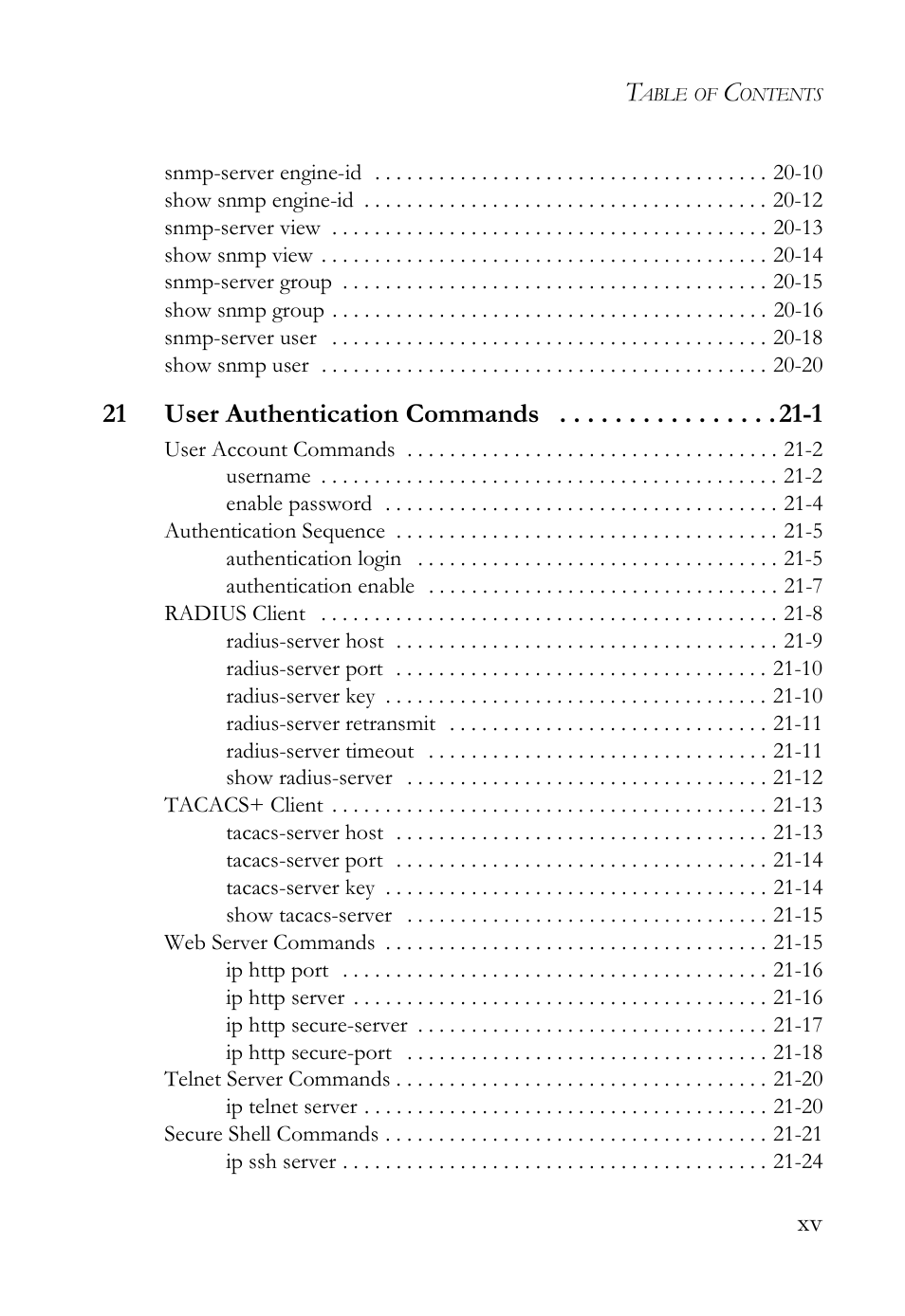 21 user authentication commands -1 | SMC Networks SMC TigerAccess SMC7824M/FSW User Manual | Page 15 / 748