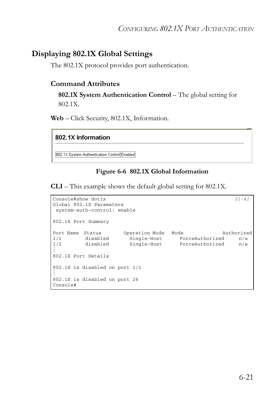 Displaying 802.1x global settings, Displaying 802.1x global settings -21, Figure 6-6 | 1x global information -21, 1x p, Command attributes | SMC Networks SMC TigerAccess SMC7824M/FSW User Manual | Page 159 / 748