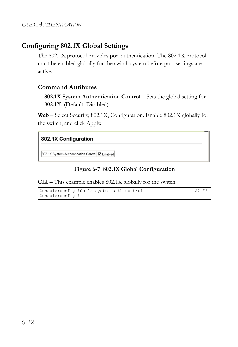Configuring 802.1x global settings, Configuring 802.1x global settings -22, Figure 6-7 | 1x global configuration -22, Command attributes | SMC Networks SMC TigerAccess SMC7824M/FSW User Manual | Page 160 / 748