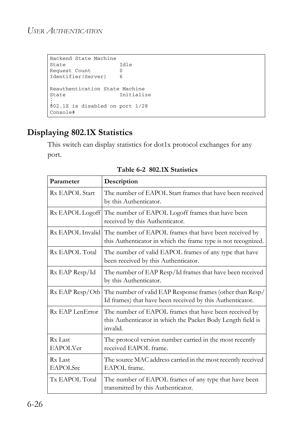 Displaying 802.1x statistics, Displaying 802.1x statistics -26, Table 6-2 | 1x statistics -26 | SMC Networks SMC TigerAccess SMC7824M/FSW User Manual | Page 164 / 748