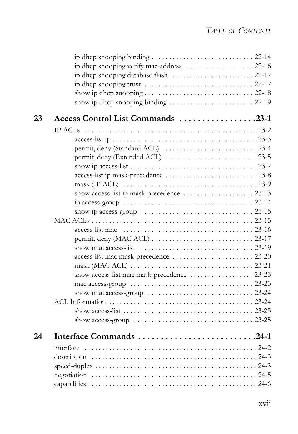 Xvii, 23 access control list commands -1, 24 interface commands -1 | SMC Networks SMC TigerAccess SMC7824M/FSW User Manual | Page 17 / 748