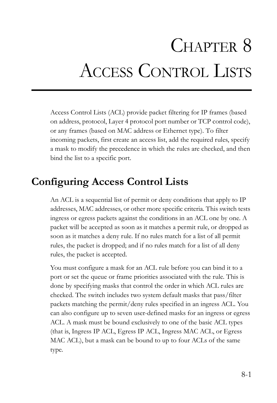 Chapter 8 access control lists, Configuring access control lists, Access control lists -1 | Configuring access control lists -1, Access control lists | SMC Networks SMC TigerAccess SMC7824M/FSW User Manual | Page 173 / 748