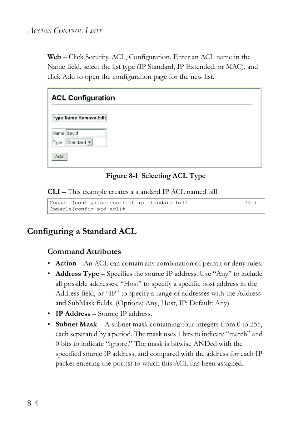 Configuring a standard acl, Configuring a standard acl -4, Figure 8-1 | Selecting acl type -4 | SMC Networks SMC TigerAccess SMC7824M/FSW User Manual | Page 176 / 748
