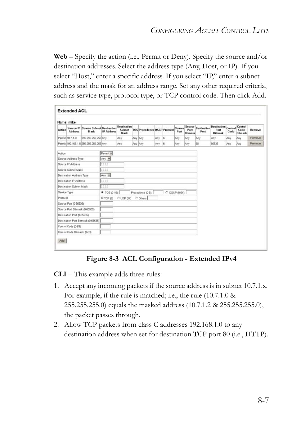 Figure 8-3, Acl configuration - extended ipv4 -7 | SMC Networks SMC TigerAccess SMC7824M/FSW User Manual | Page 179 / 748
